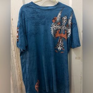 Archaic by affliction cross and wings blue graphic t-shirt mens size 2XL